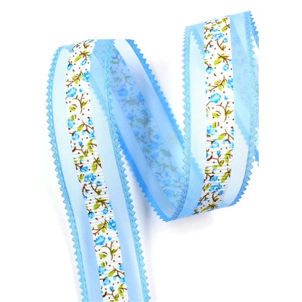 RUBAN VOILE POLYESTER : bleu clair motif fleur largeur 32mm longueur 100cm (01) - Photo n°1