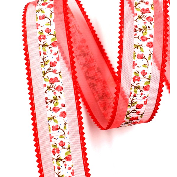 RUBAN VOILE POLYESTER : rouge motif fleur largeur 32mm longueur 100cm (01) - Photo n°1