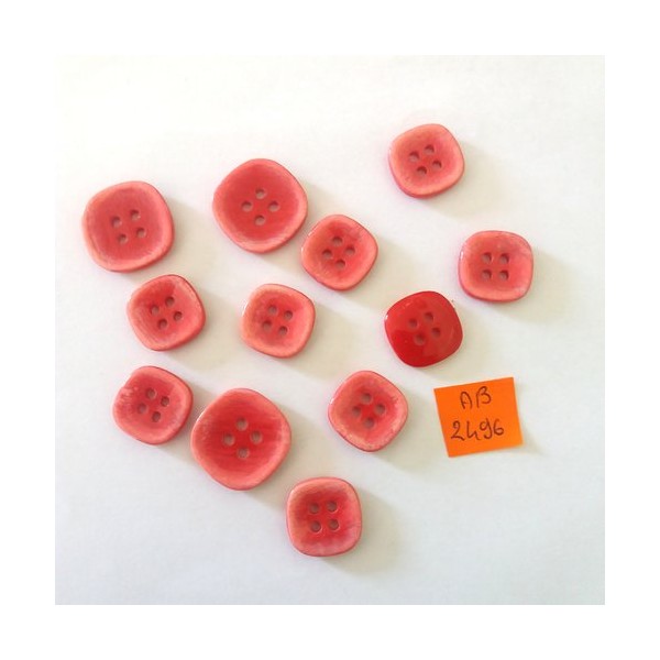 12 Boutons en résine rouge / rose - 20x20mm et 16x16mm - AB2496 - Photo n°1