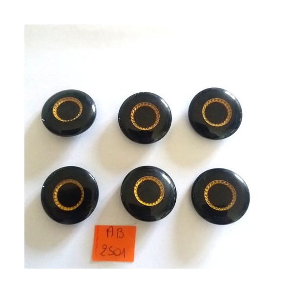 6 Boutons en résine noir et doré - 28mm - AB2501 - Photo n°1