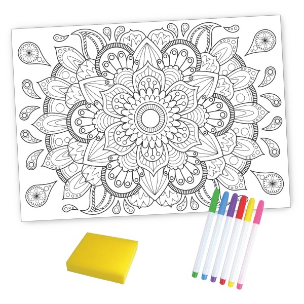 Kit coloriage magique Mandala set de table silicone + 6 feutres + éponge - Photo n°1