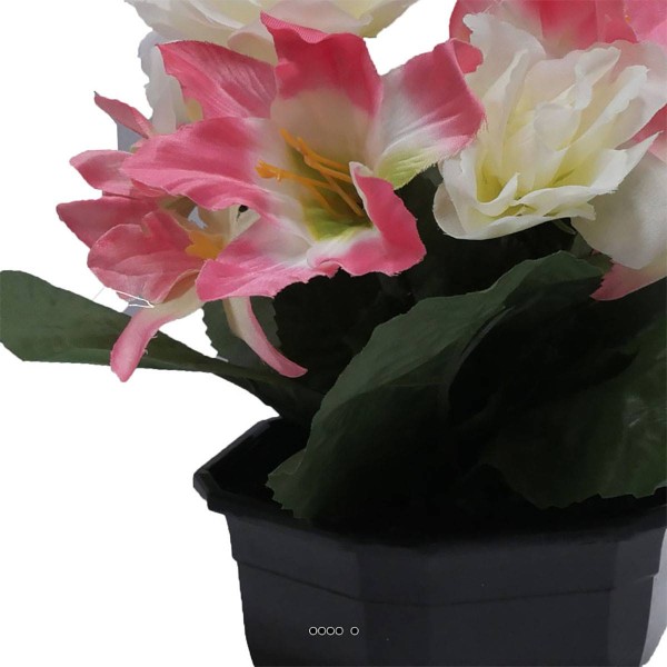 Vasque fleurs artificielles cimetière roses et lys H 28 cm D 25 cm Rose pâle - Photo n°2