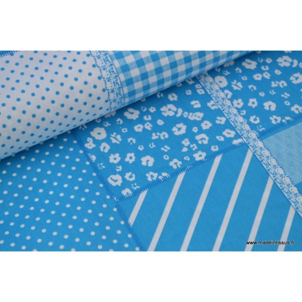Tissu Popeline coton imprimé patchwork turquoise .x1m - Photo n°1
