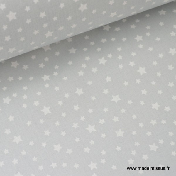 Tissu coton imprimé dessin étoiles blanc sur gris - Photo n°1