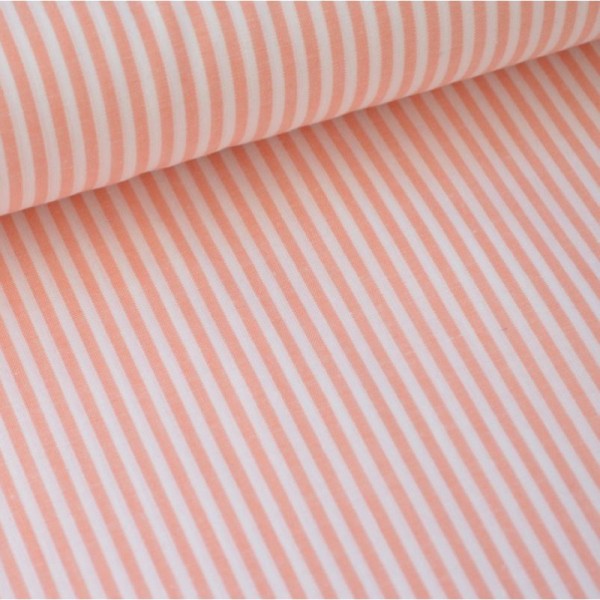 Tissu popeline coton rayures CORAIL et blanches tissé teint .x1m - Photo n°1