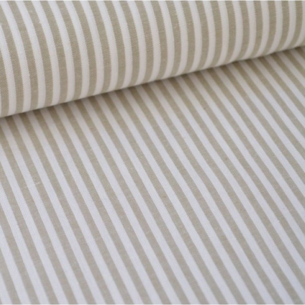 Tissu popeline coton rayures SABLE (beige) et blanches tissé teint .x1m - Photo n°1