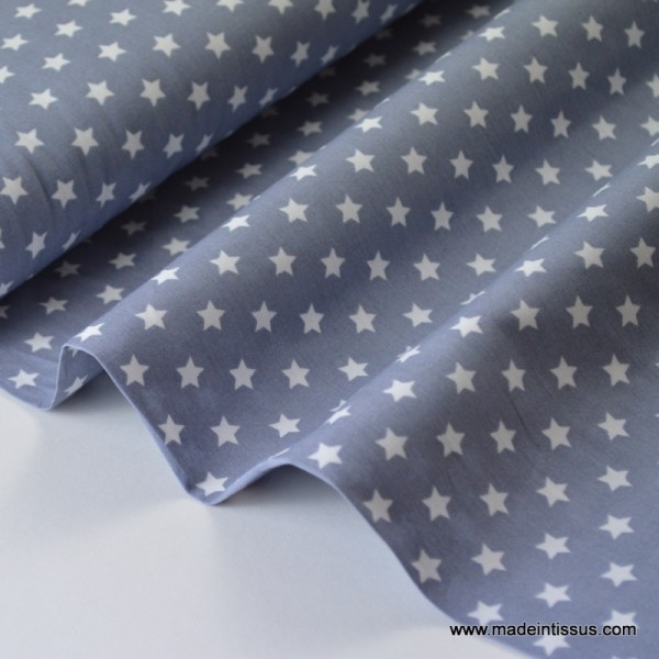 Tissu popeline coton gris étoiles blanches .x1m - Photo n°1
