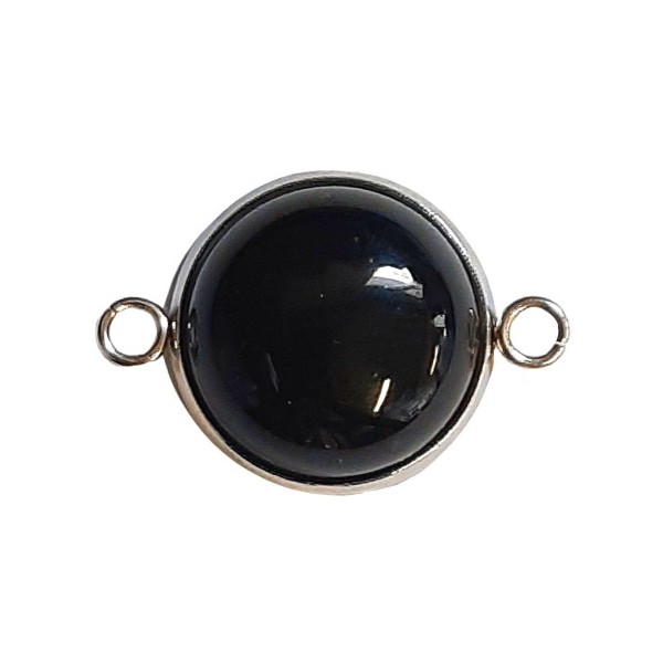 1X breloque connecteur sertie d'une agate noire ronde en relief argentée 2,5cm - Photo n°1