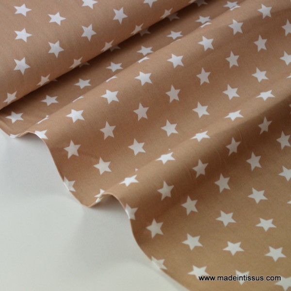 Tissu popeline coton beige étoiles blanches . x1m - Photo n°1