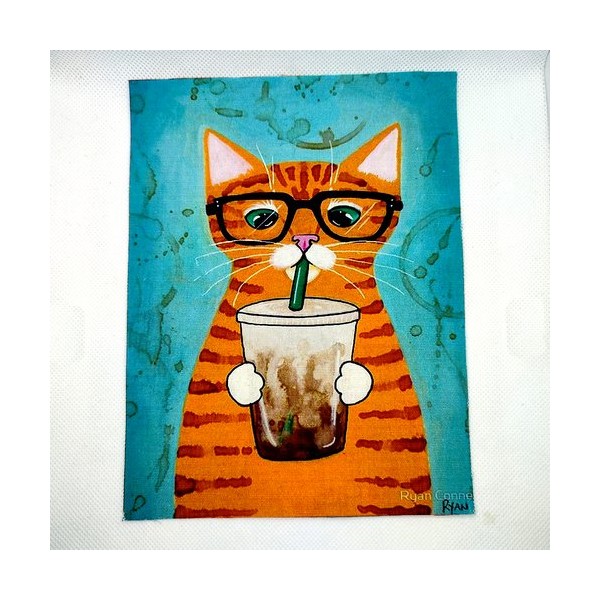 Coupon tissu un chat qui boit un verre - coton épais - 15x20cm - Photo n°1