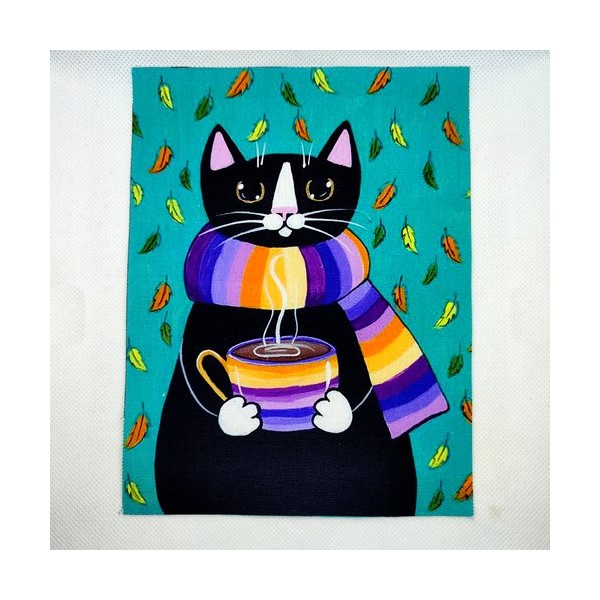 Coupon tissu un chat noir avec son écharpe - coton épais - 15x20cm - Photo n°1