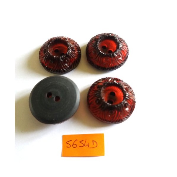 4 Boutons en résine noir et rouge - vintage - 5654D - Photo n°1