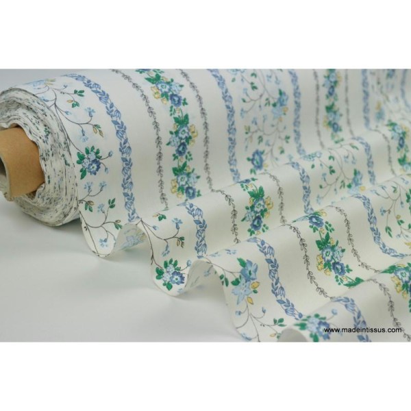 Tissu coton rayures de fleurs bleues . x1m - Photo n°2