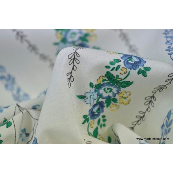 Tissu coton rayures de fleurs bleues . x1m - Photo n°4