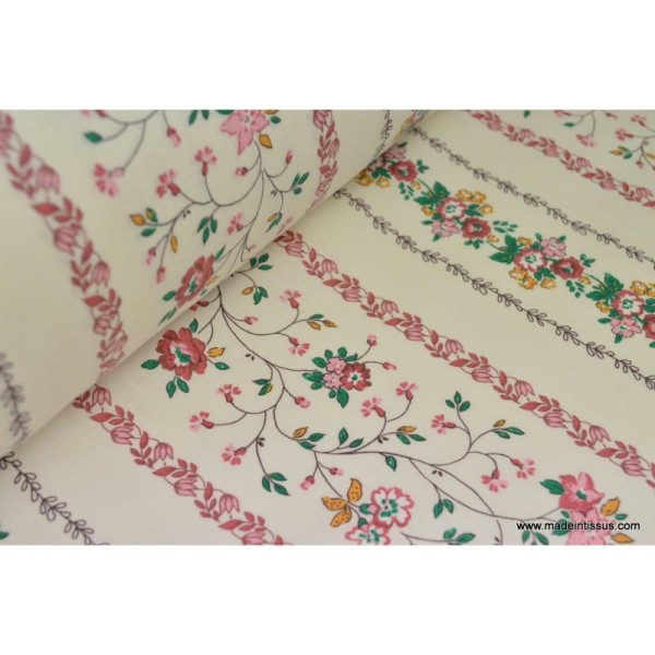 Tissu coton liberty rayures de fleurs fuchsia . x1m - Photo n°1