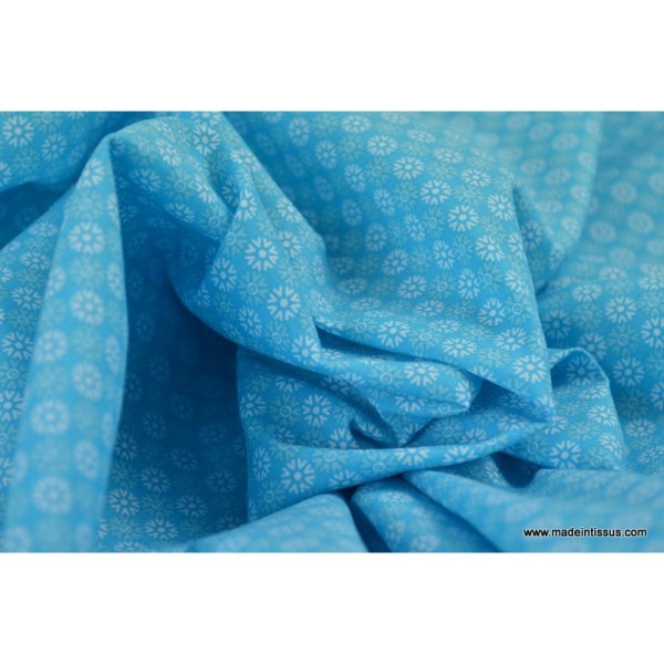 Tissu popeline coton imprimé fleurs rondes blanc sur turquoise  .x1m - Photo n°4