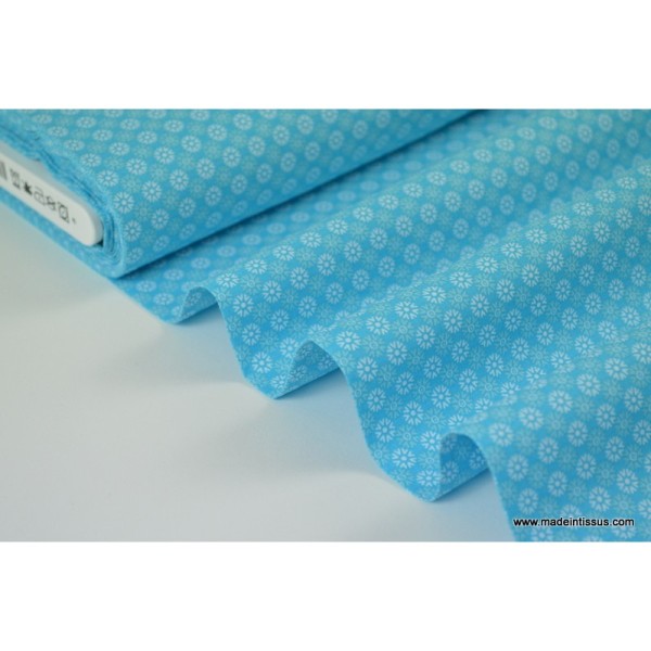 Tissu popeline coton imprimé fleurs rondes blanc sur turquoise  .x1m - Photo n°1