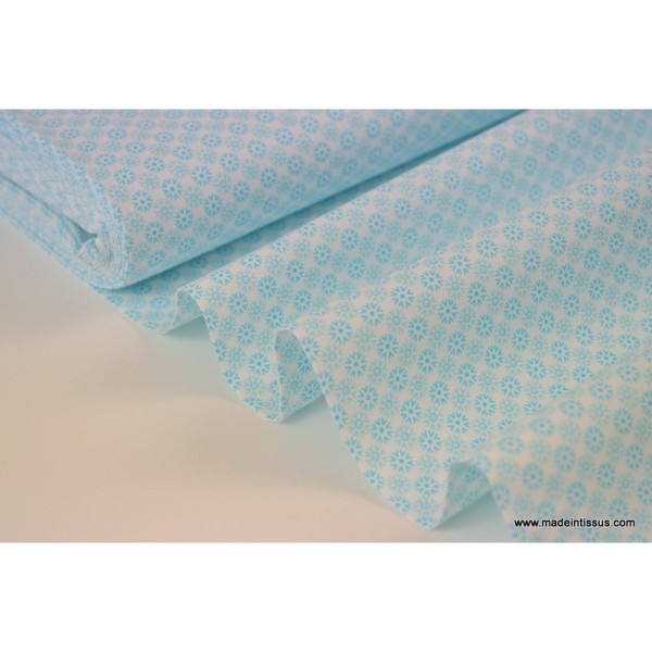 Tissu popeline coton imprimé fleurs rondes turquoise sur blanc  .x1m - Photo n°1