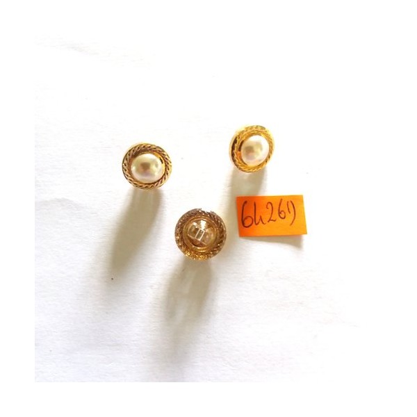 3 Boutons en métal doré + perle - vintage - 13mm - 6426D - Photo n°1