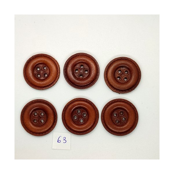 6 Boutons vintage en cuir marron - 32mm - TR63 - Photo n°1