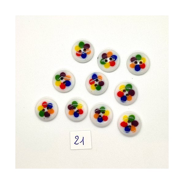 10 Boutons vintage en résine blanc et multicolore - 15mm - TR21 - Photo n°1