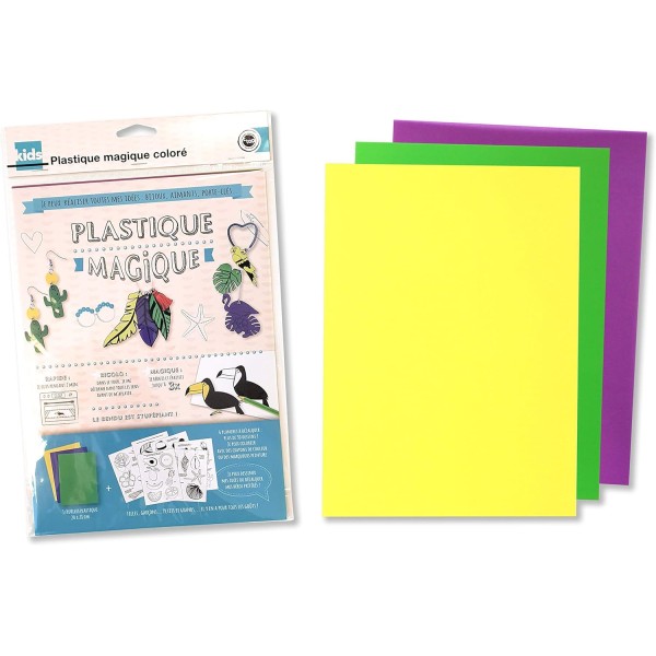 Kit plastique magique coloré vert/violet/jaune 6 planches de modèles 20x28cm - Photo n°1