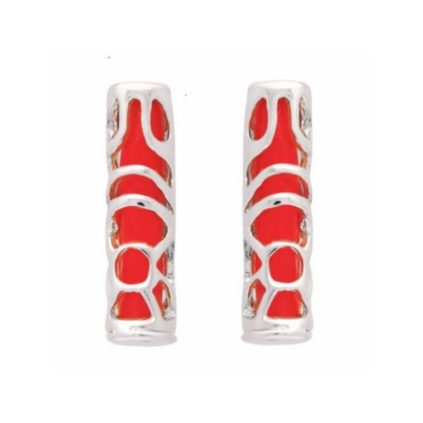 Boucles d'oreilles puces tiki polynésien rouge corail symbole sagesse en argent 1,7cm - Photo n°1