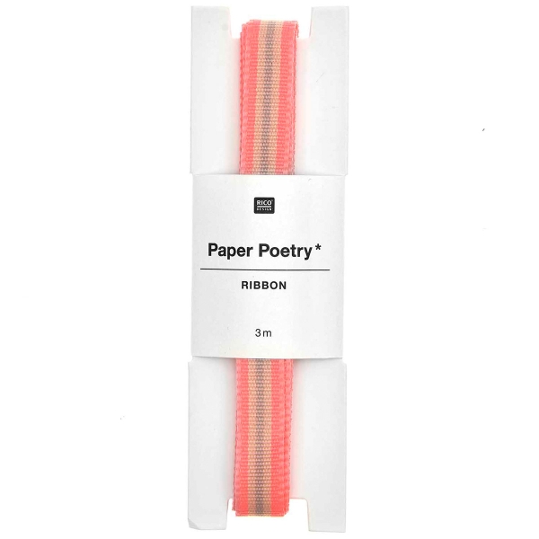 Ruban polyester tissé à rayures - Multi - Rose fluo/Jaune/Gris - 10 mm x 3 m - Photo n°2
