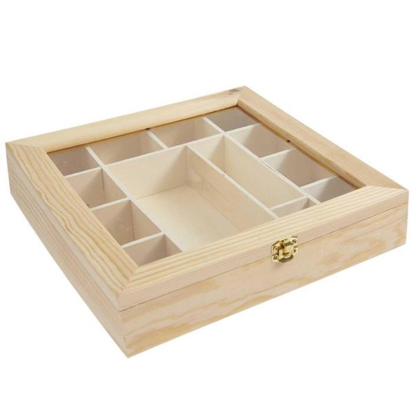 Boîte en bois avec vitrine - 13 compartiments - 27,1 x 27,6 x 5,5 cm - Photo n°1