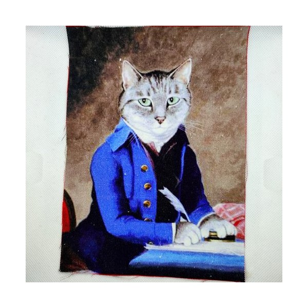 Coupon tissu un chat gris qui écrit - coton épais - 15x20cm - Photo n°1