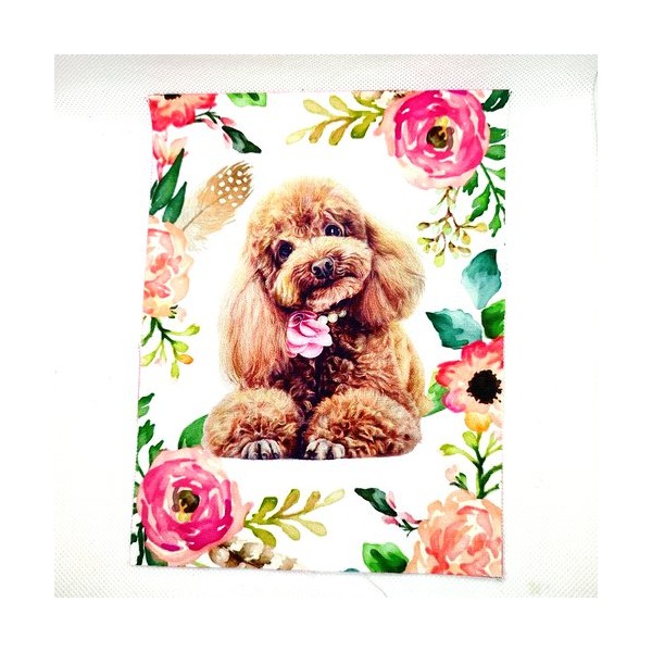 Coupon tissu un caniche avec des fleurs rose - coton épais - 15x20cm - Photo n°1