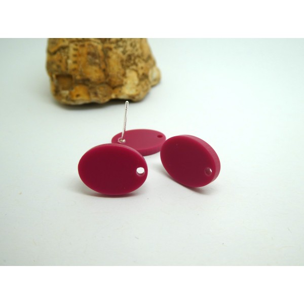 2 Paires boucles d'oreilles puce forme ovale, 15*11mm, acrylique Rose framboise - Photo n°1