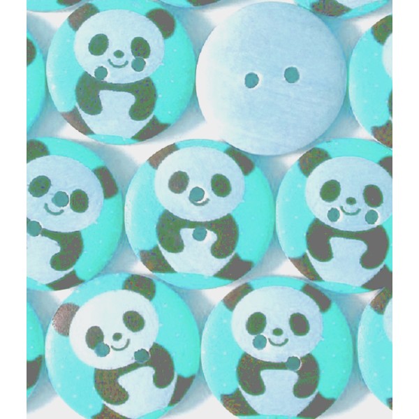 LOT 6 BOUTONS BOIS : rond bleu motif panda 15mm - Photo n°1