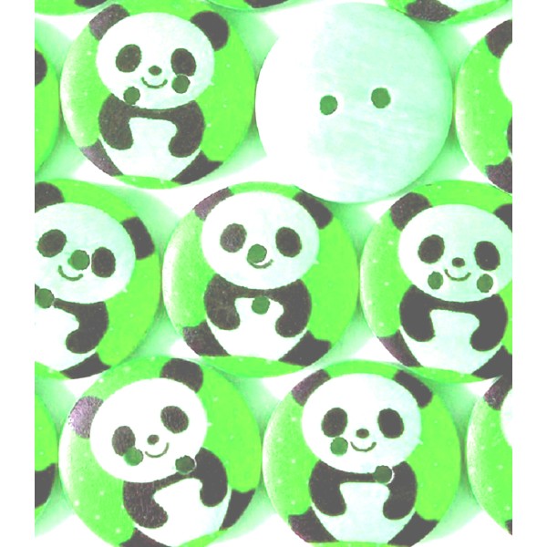 LOT 6 BOUTONS BOIS : rond vert motif panda 15mm - Photo n°1