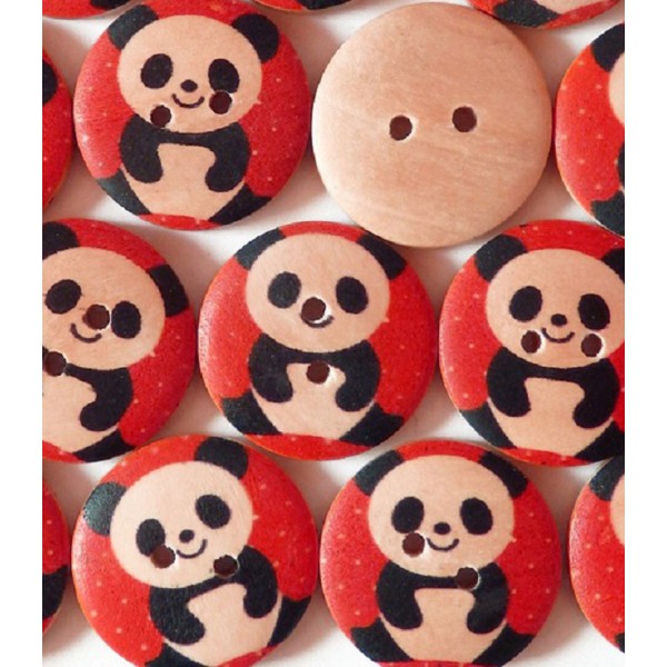 LOT 6 BOUTONS BOIS : rond rouge motif panda 15mm - Photo n°1