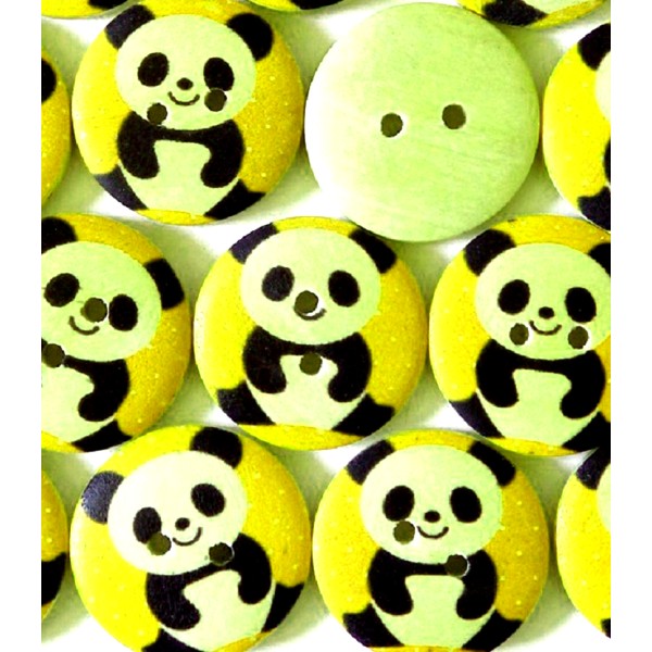 LOT 6 BOUTONS BOIS : rond jaune motif panda 15mm - Photo n°1