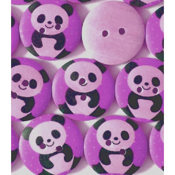 LOT 6 BOUTONS BOIS : rond violet motif panda 15mm - Photo n°1