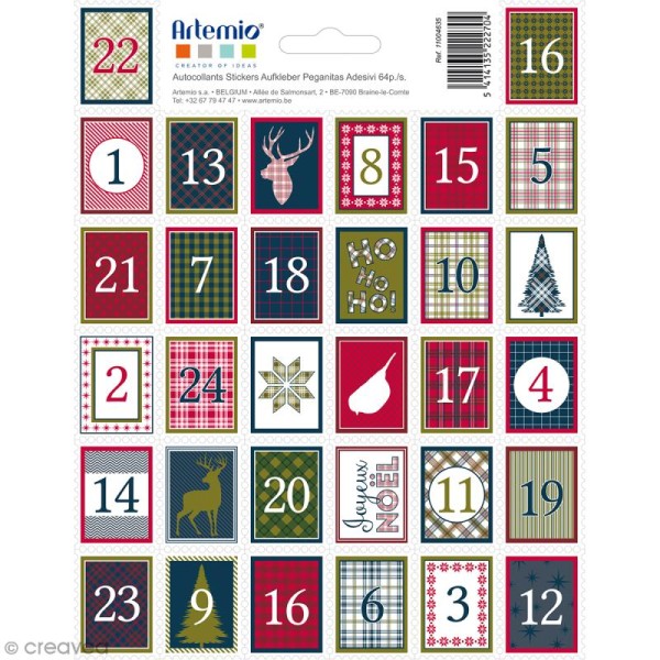 Stickers timbres décoratifs - Noël Ecossais Avent - 3,3 x 2,7 cm - 64 pcs - Photo n°1