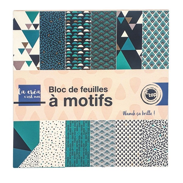 Papier pour origami - Motif graphique - Bleu/Vert/Blanc - 15x15cm - 24 feuilles - Photo n°1