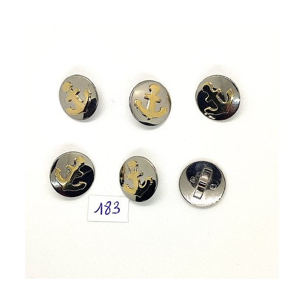 6 Boutons vintage en métal argenté et doré - une ancre - 15mm - TR183 - Photo n°1
