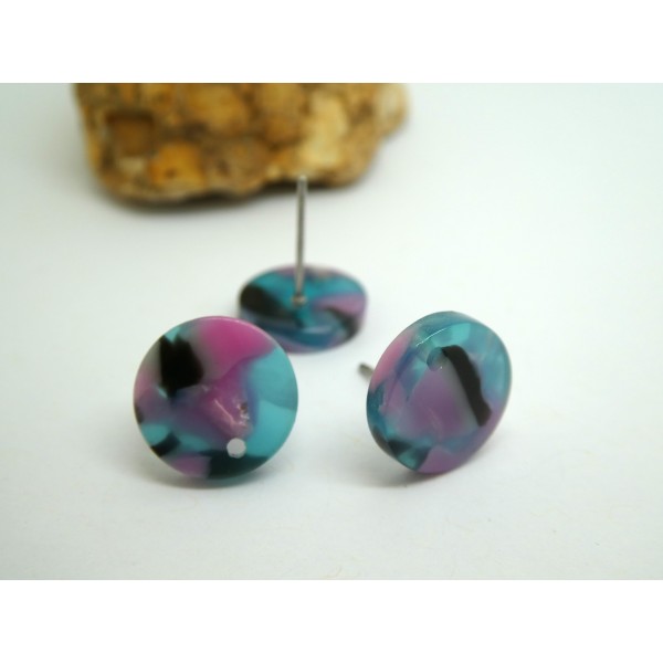 2 Paires boucles d'oreilles à clous rond 12mm acétate rose et bleu - Photo n°1