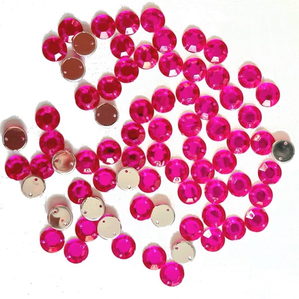 Grands Cabochons à facettes Rose vif 10 mm, 200 strass ronds taillés 2 trous, à coudre, en acrylique - Photo n°1
