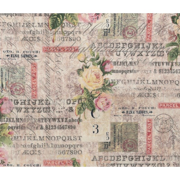 Pièce de tissu  Roses écriture 45x54 cm Tim Holtz Coupon 100% Coton - Photo n°1