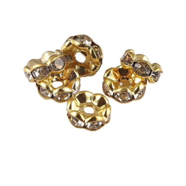 20 Perles rondelles intercalaire bords ondulés strass transparent métal doré or 8 mm - grade A - Photo n°2