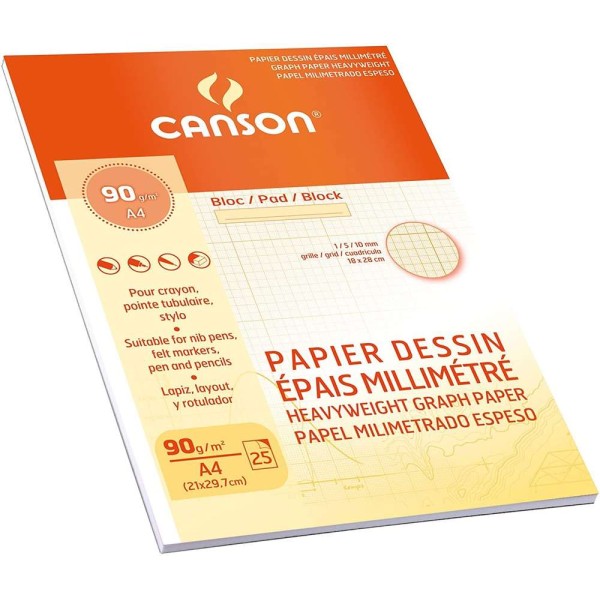 Bloc de papier millimétré - A4 - 90 g/m² - Rouge - Canson - Photo n°1