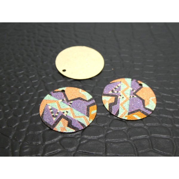 2 Breloques rondes pailletées 20mm imprimé graphique doré, violet, orange, vert - Photo n°1