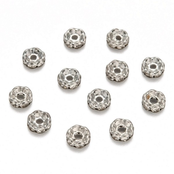 20 Perles rondelles intercalaire bords ondulés strass transparent métal argenté 6 mm - grade A - Photo n°2