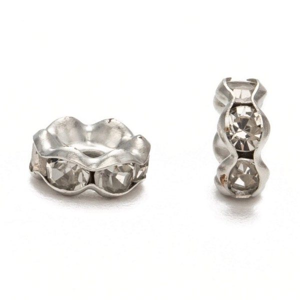20 Perles rondelles intercalaire bords ondulés strass transparent métal argenté 6 mm - grade A - Photo n°1
