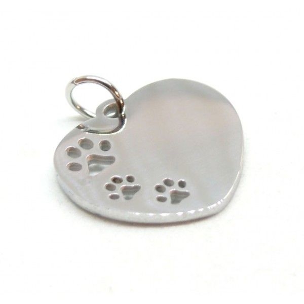 PS11844299 PAX 1 Pendentif - Médaille Cœur avec anneau pattes de chien 23 par 18mm - Argenté en Acie - Photo n°1