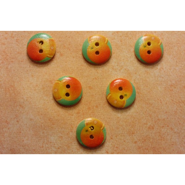 LOT 6 BOUTONS BOIS : rond thème fruit motif orange 15mm - Photo n°1